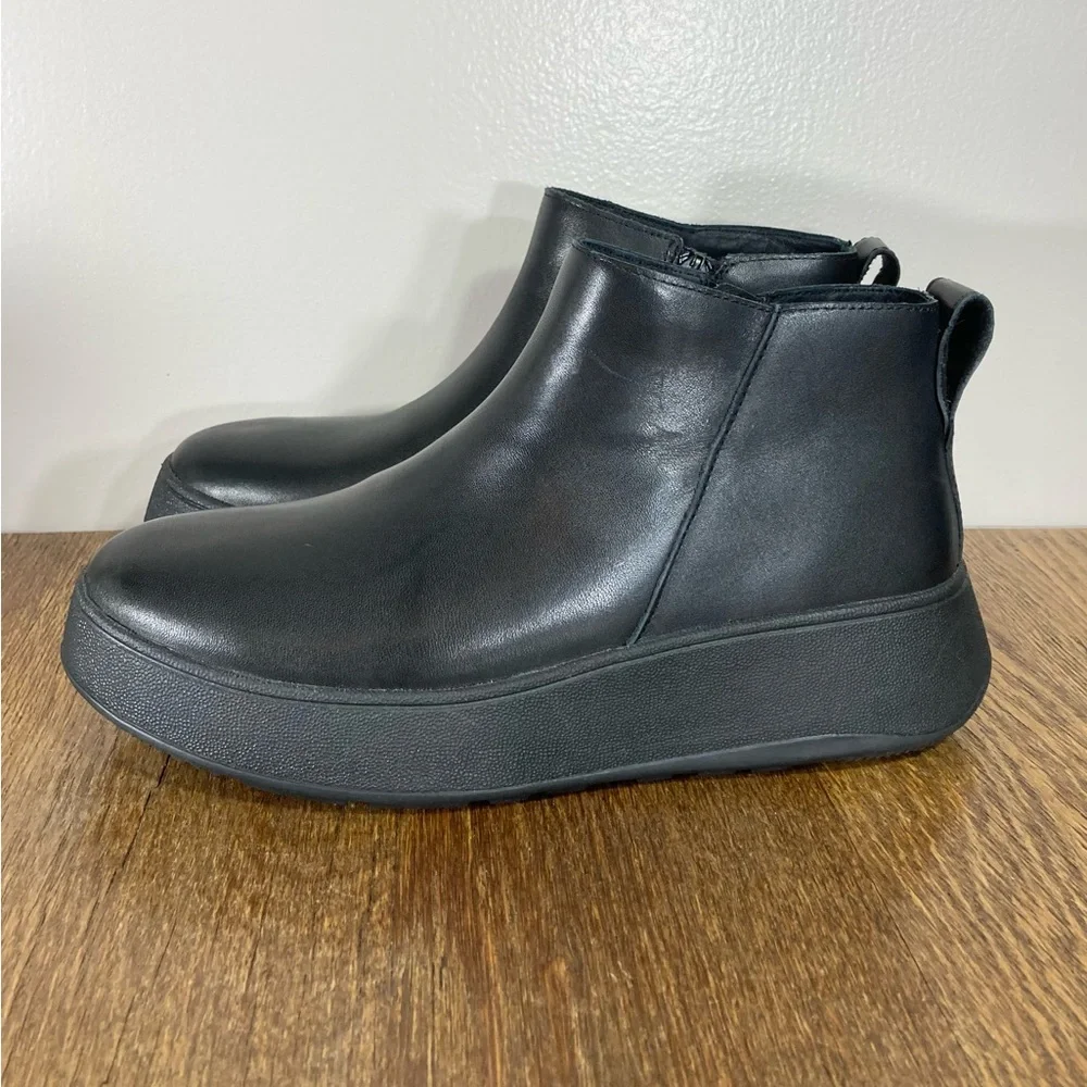 New FitFlop F-Mode Leather Platform Zip Ankle Boot Women’s Size 8.5 Black - Picture 2 of 9